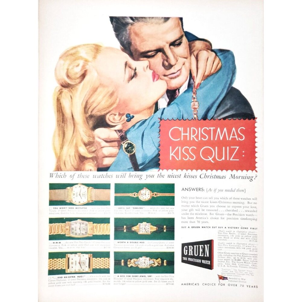 PRINT AD Gruen Precision Watch 1945 10.5x13 Christmas Kiss Quiz WWII Era
